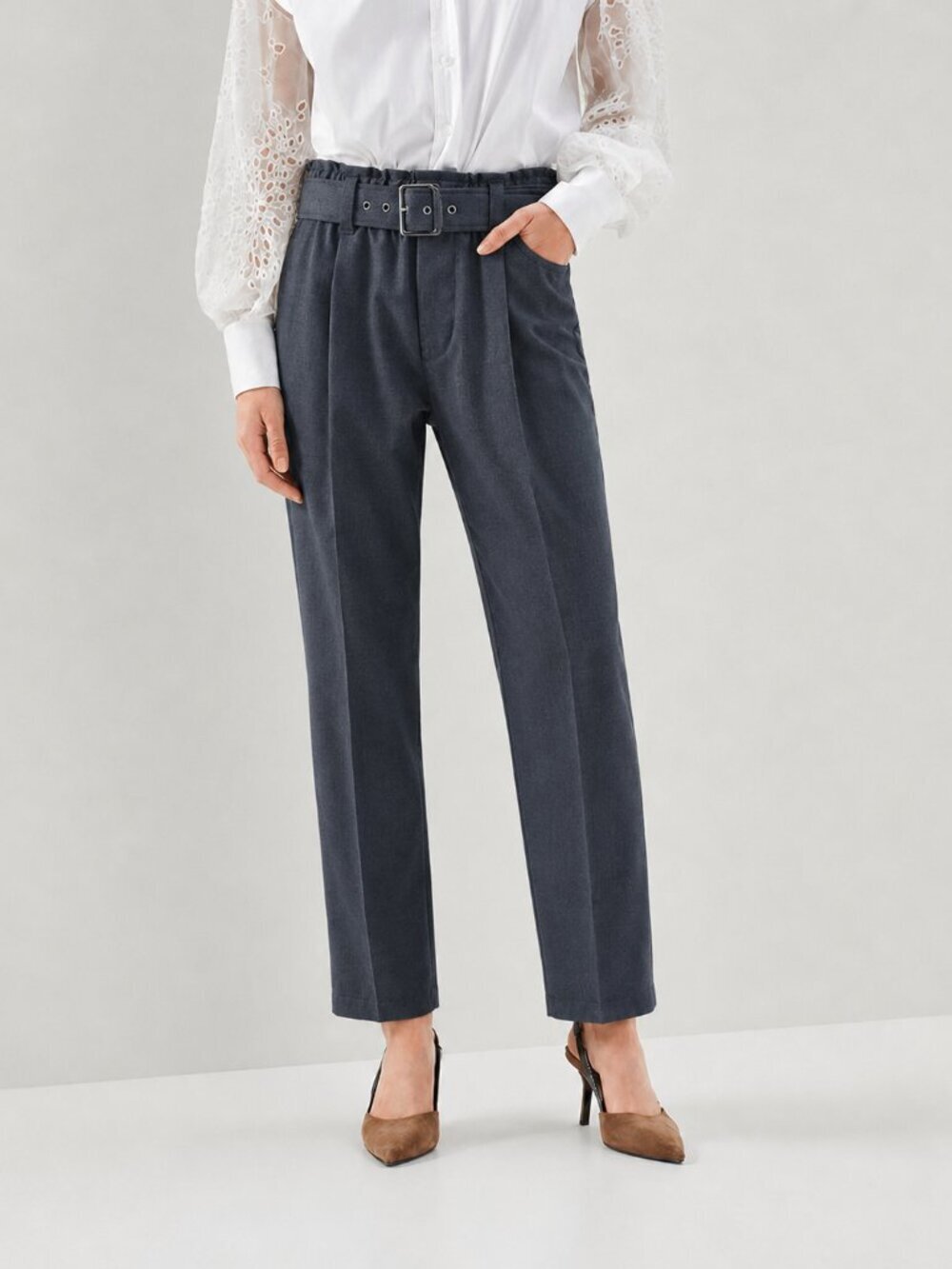 Brunello Cucinelli Monili Pants Charcoal Gray Virgin Wool Belted Size 10